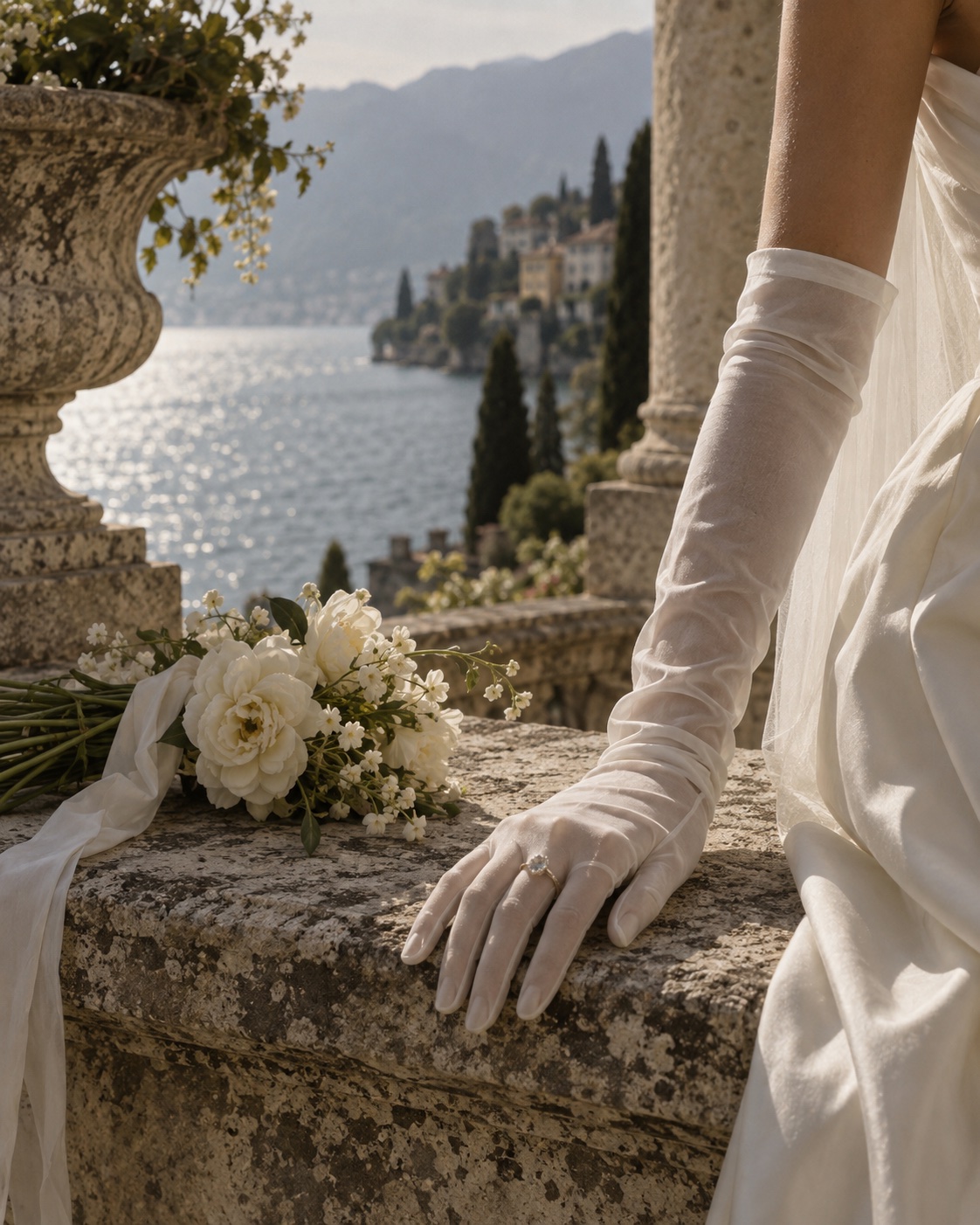 A bride’s gloved hand and flowers beside weathered limestone
