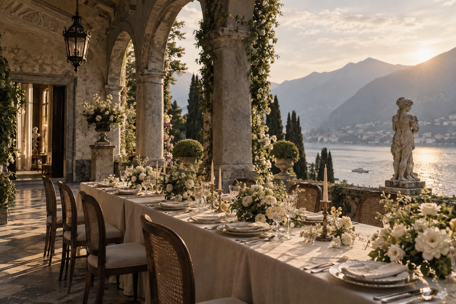 An intimate wedding table set beneath an Italian villa loggia