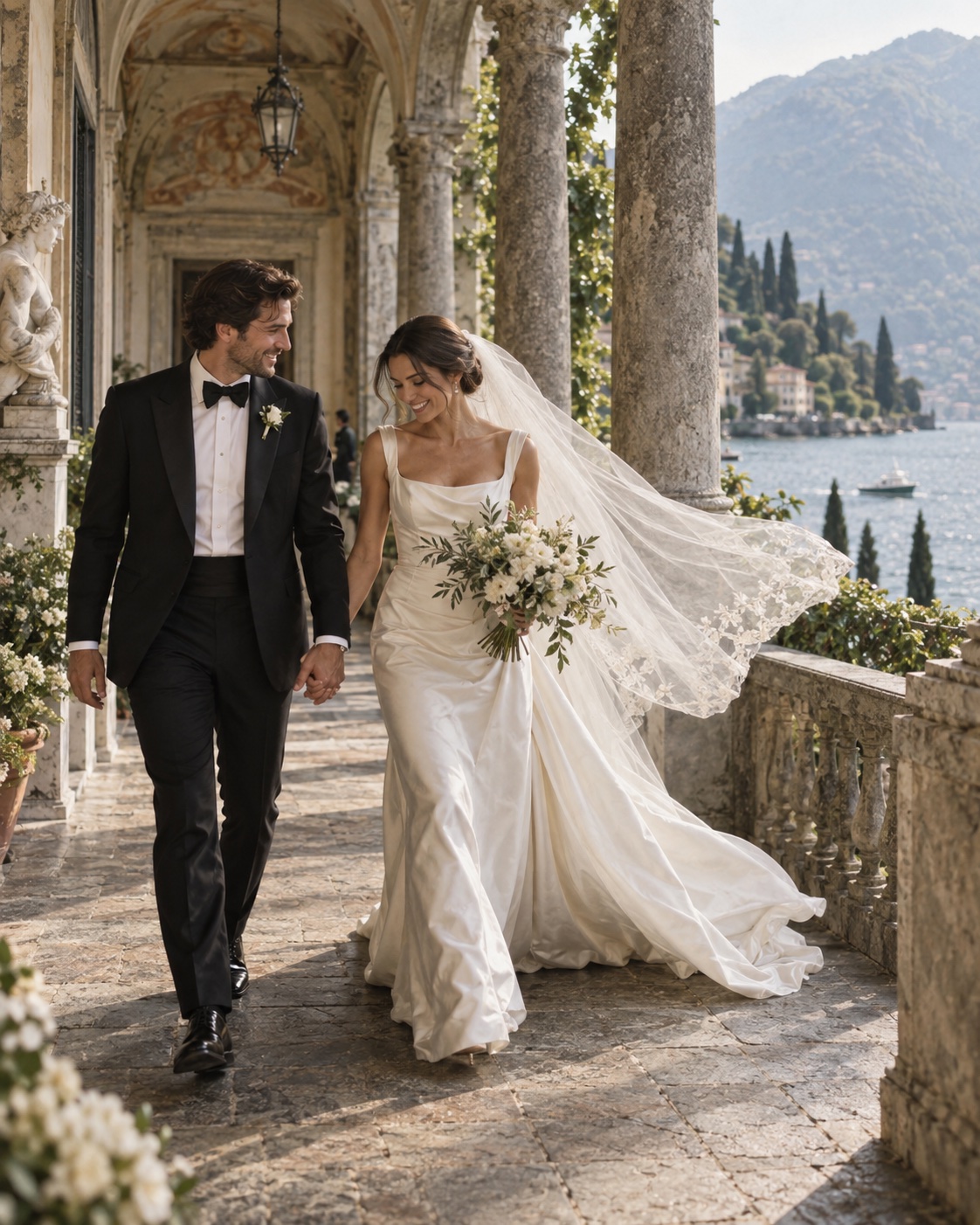Newlyweds walking through a historic lakeside colonnade