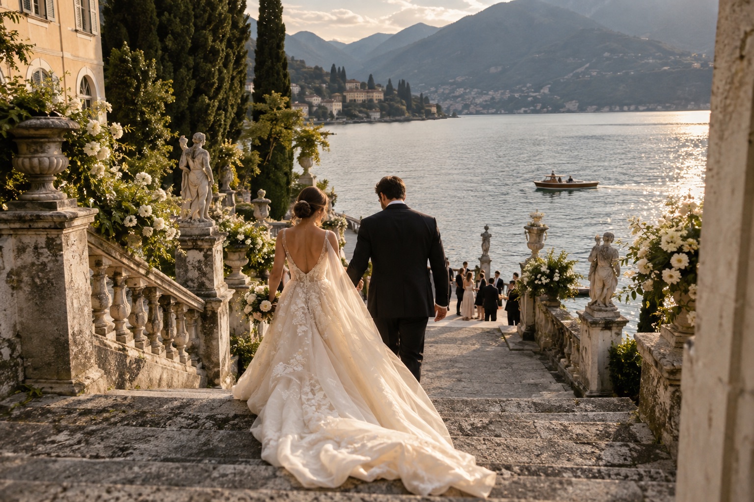 A couple walking toward their guests beside Lake Como