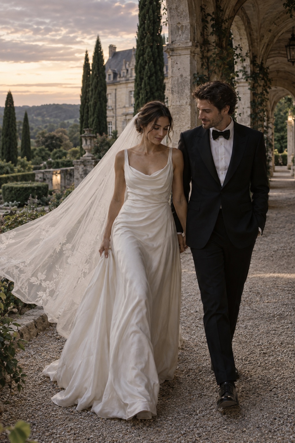 A couple celebrating at a French country estate